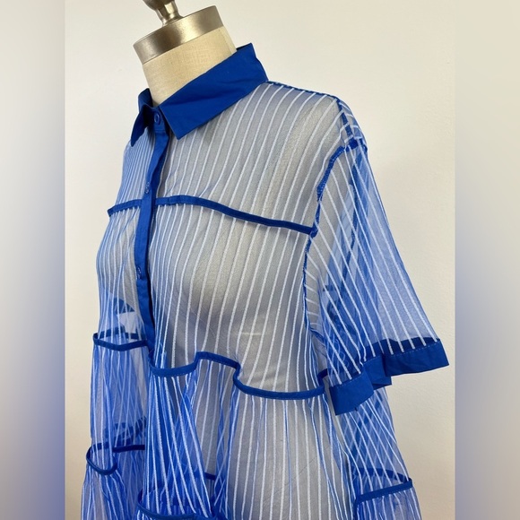 C Yard Blue Sheer Striped Button Front Peplum Top, Size Large - Picture 5 of 12